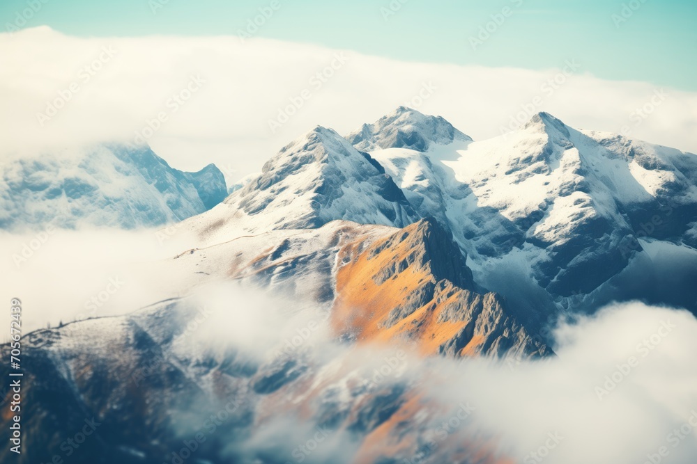 mountain peaks protruding through a heavy blanket of fog