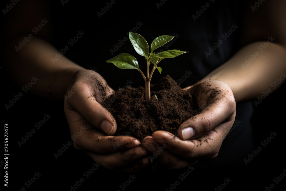Hands cradling a young plant in soil, a powerful symbol of growth and sustainability for Earth Day Hands cradling a young plant in soil, a powerful symbol of growth and sustainability for Earth Day