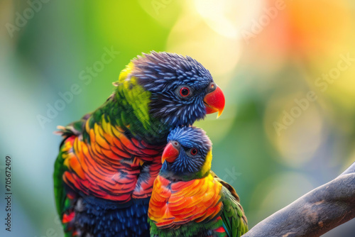A Rainbow Lorikeet with her cub, mother love and care in wildlife scene