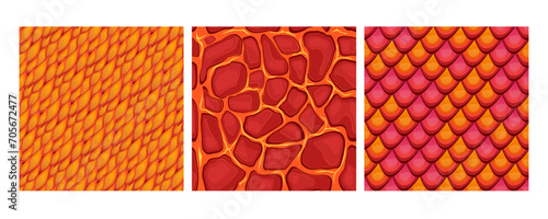 Cartoon Color Different Dragon Skin Background Set Concept Flat Design Style Textures of Reptile or Fantasy Monster. Vector illustration