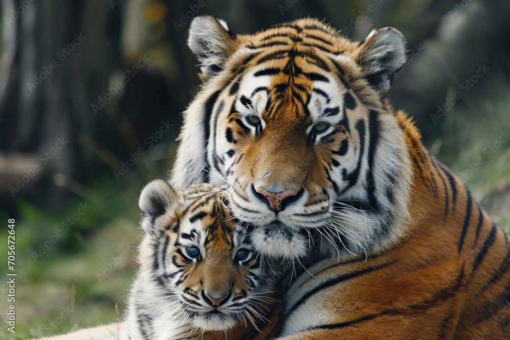 Fototapeta premium A tiger with her cub, mother love and care in wildlife scene