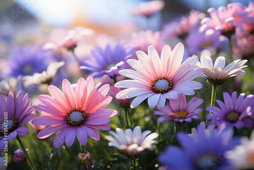 Beautiful pink and blue daisy flowers in the garden with sunlight. photo