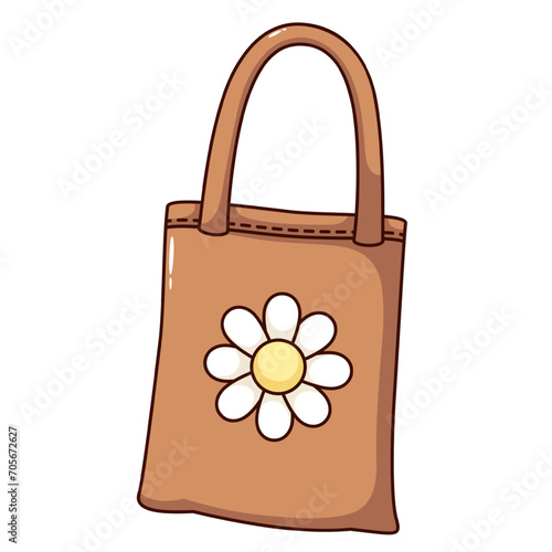 Groovy cartoon tote bag with flower. Funny retro eco cloth shopper or beach handbag with handles and floral decor, fashion accessory mascot, bag cartoon sticker of 60s 70s style vector illustration