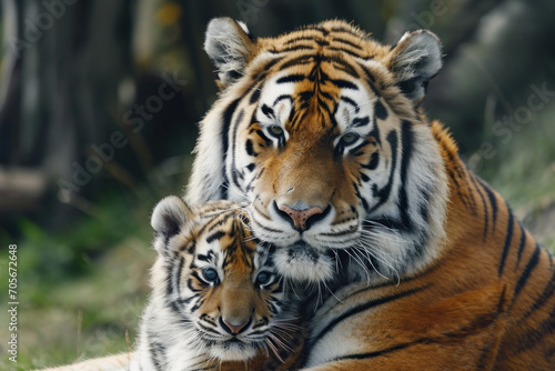 A tiger with her cub  mother love and care in wildlife scene