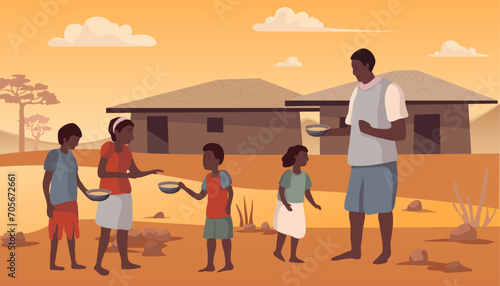 Cartoon Color Characters People and Hunger and Food Crisis Concept Flat Design Style. Vector illustration of Suffering from Starvation