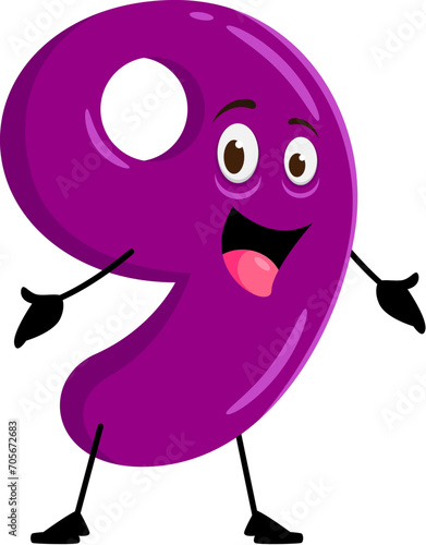 Cartoon math number nine character. Vector funny 9 personage with big eyes and smiling mouth, featuring bold lines and bright violet color. Digit for children educational materials or playful projects