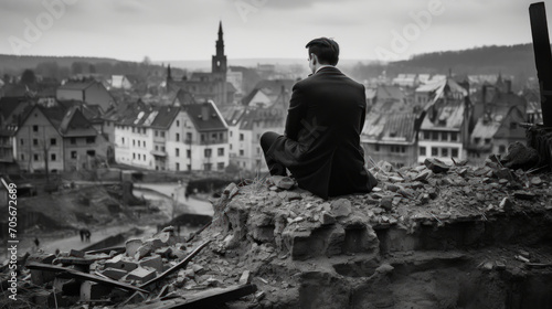 Man in contemplation overlooking a historic town from ruins, a metaphor of reflection amidst change.