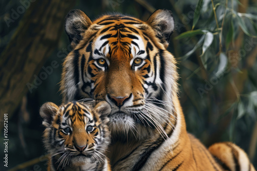 A tiger with her cub  mother love and care in wildlife scene