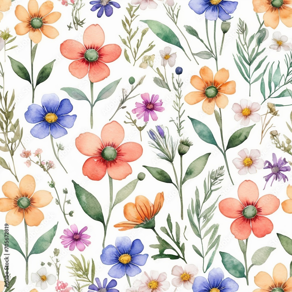 Seamless Pattern with Watercolor Wild Flowers: High-Quality Vector Art