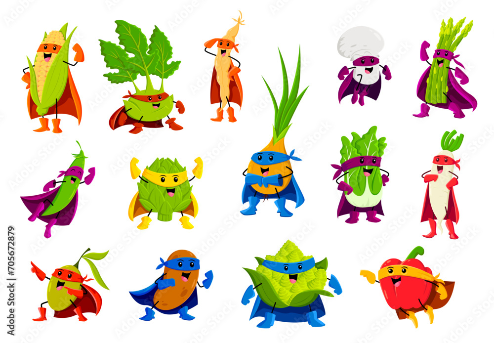 Obraz premium Cartoon cheerful vegetable superhero characters. Vector corn cob, kohlrabi, soy bean or champignon. Asparagus, green pea, artichoke and onion with daikon radish. Chinese cabbage, olive, potato, pepper