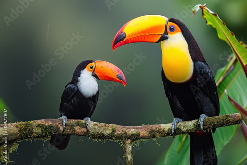 A Toucan with her cub, mother love and care in wildlife scene