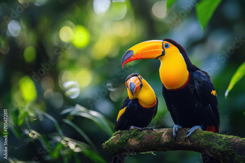 A Toucan with her cub  mother love and care in wildlife scene