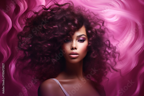Stunning woman with voluminous curly hair and striking makeup against a vibrant pink background