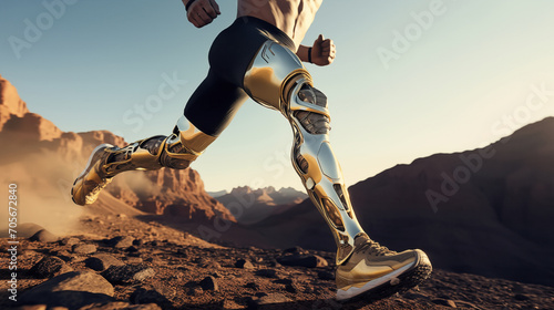 Close-up of a runner with prosthetic leg technology sprinting in a desert, showcasing human resilience photo