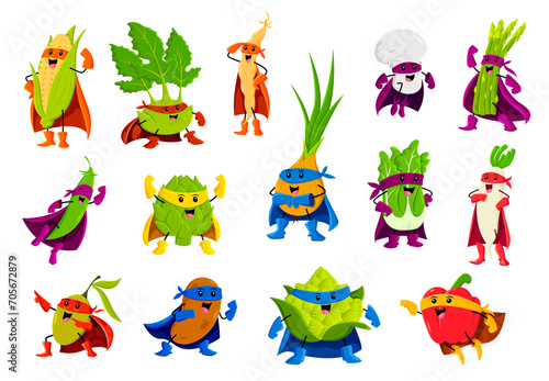 Cartoon cheerful vegetable superhero characters. Vector corn cob, kohlrabi, soy bean or champignon. Asparagus, green pea, artichoke and onion with daikon radish. Chinese cabbage, olive, potato, pepper