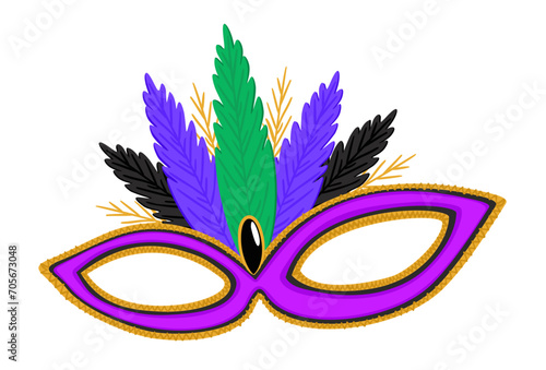 Brasilian carnival mask. Bright purple mask decorated with gold and colorful feathers. Vector isolated illustration.