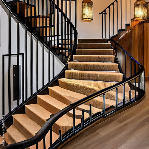An artistically designed staircase with intricate railings and unique lighting5