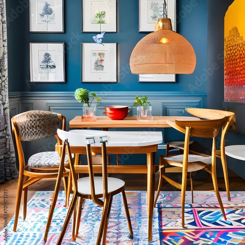 An eclectic dining space with mismatched chairs and colorful pendant lights4