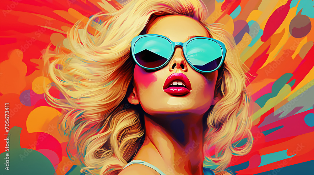 Colorful Chic: Pretty Blonde Woman Channels Pop Art Vibes with Sunglasses