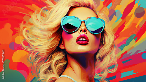 Colorful Chic: Pretty Blonde Woman Channels Pop Art Vibes with Sunglasses