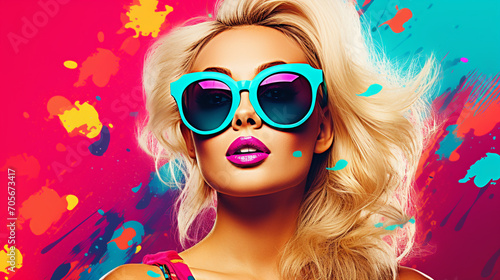 Colorful Chic: Pretty Blonde Woman Channels Pop Art Vibes with Sunglasses photo