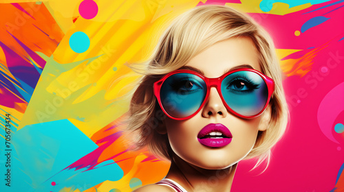 Colorful Chic: Pretty Blonde Woman Channels Pop Art Vibes with Sunglasses