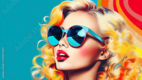 Vibrant Glamour: Retro Pop Art Style with a Stunning Blonde Beauty in Sunglasses