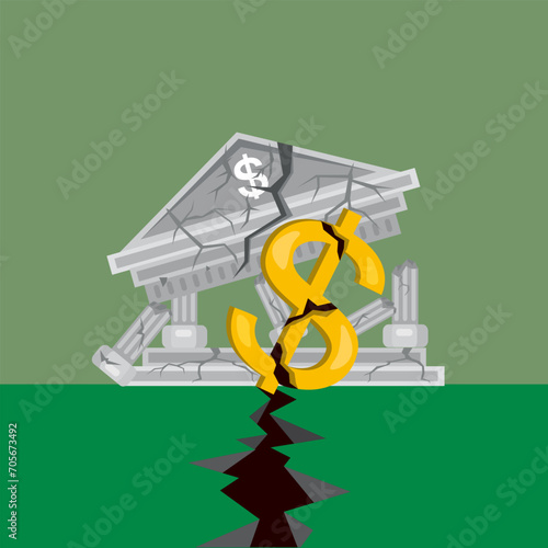 Broken financial institutions with a broken dollar sign. illustration vector cartoon.