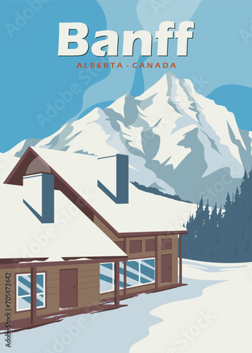 cabin ski resort vintage poster in banff national park illustration design