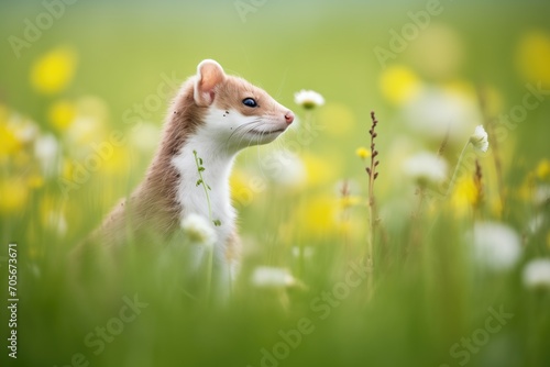 stoat with bushy tail curled in a floral meadow