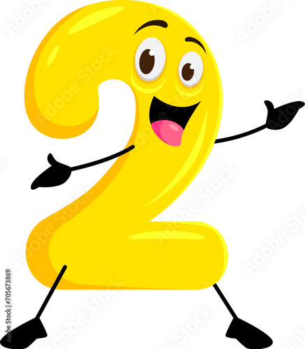 Cartoon funny math number two character with yellow rounded body, smile and 2 big eyes. Isolated vector educational playful and cheerful personage for kids preschool education, game or fun learning