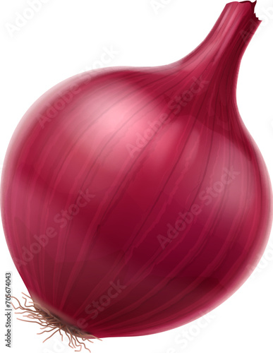 Realistic red raw onion, isolated whole vegetable. 3d vector unpeeled purple bulb plant boasts layers of intense flavor. Its vivid hue adds a striking touch to salads, salsas, and culinary creations photo