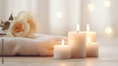 Three lit candles cast a serene glow beside a fluffy towel and delicate roses   for luxury beauty  cosmetic  skincare  body care  aromatherapy spa product display background