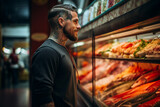 Picture of confident nice tattooed man shopping in market made with generative ai