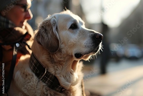 Loyal Companion: Guide Dog Assisting Blind Person on City Sidewalk