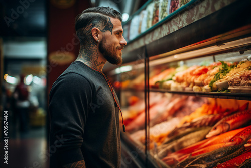 Picture of confident nice tattooed man shopping in market made with generative ai