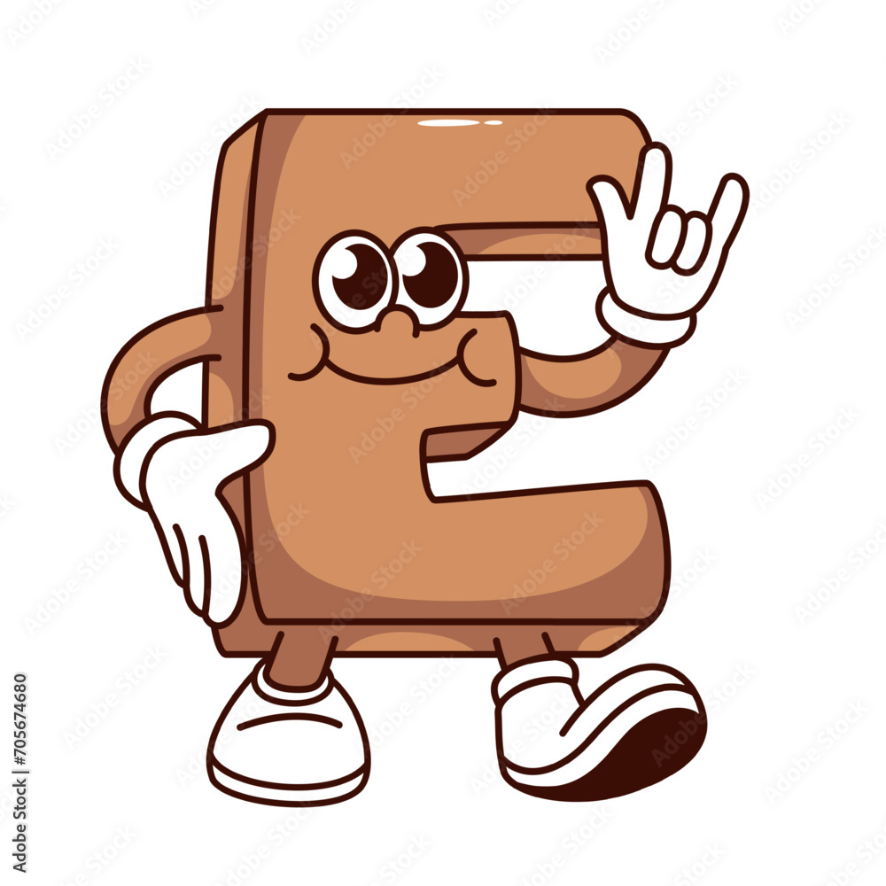 Groovy E alphabet letter cartoon character with horn gesture. Funny retro font mascot walking, cartoon brown glossy E letter with rock band sign, typography sticker of 70s 80s vector illustration