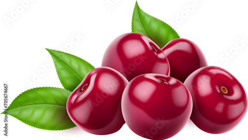 Realistic isolated ripe raw cherry berry bunch and leaves. 3d vector bountiful mound of berries, glistening with vibrant hues, tempting taste buds with their succulent allure and natural sweetness