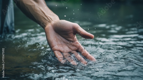 Hand gently scooping or touching the surface of flowing river water, with a sense of calm and purity.
