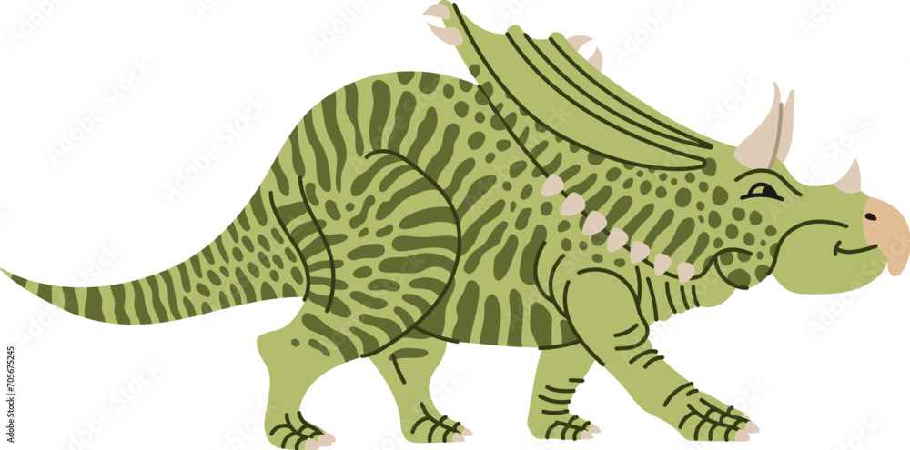 Fototapeta premium Chasmosaurus dinosaur cartoon character for kids toy or game, vector Jurassic reptile. Funny cute green dino or Chasmosaurus dinosaur with smile face for children prehistoric education or dino game