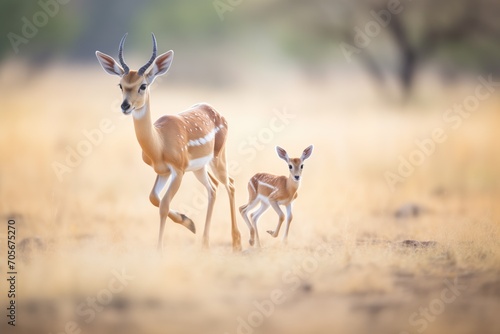 gazelle with young, teaching to run