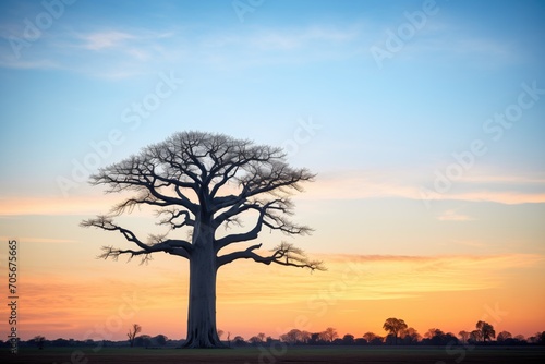 lone baobab tree silhouetted against sunset