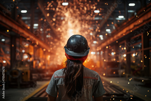 Rear view photo of woman on industry factory looking on manufacturing iron welding metal and light sparks generative AI