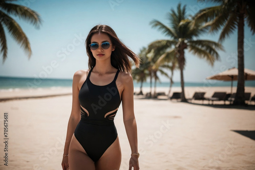 A stylish woman wearing a swimsuit and sunglasses posing at the beach with copy space. Luxury vacation and Holiday concept.