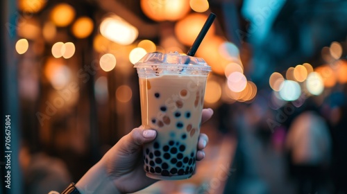 Female hand holding Bubble tea Asian sweet cold tapioca pearls drink night city. photo