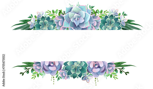 Greenery, succulent and branches frame border on top and bottom with copy space on white background. Template for invite or greeting card, banner, backdrop. Vector illustration. photo