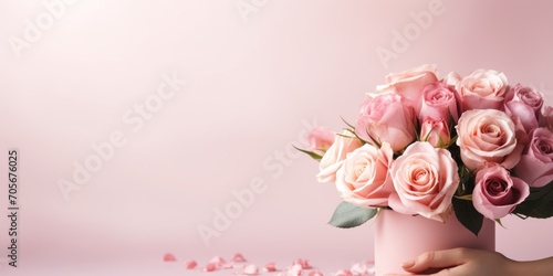 Banner with a bouquet of pink roses on a pink background.