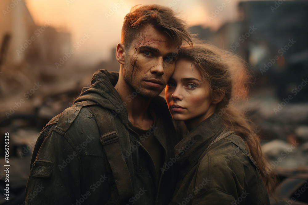 Fototapeta premium Generative ai photo image of a brave handsome man hugging attractive girl outdoors