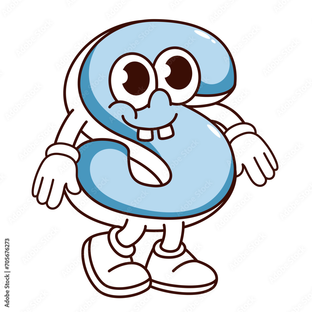 Groovy S alphabet letter cartoon character with shy expression on face. Funny retro ABC mascot, cartoon blue S letter of balloon typeface, hippie typography sticker of 70s 80s vector illustration Groovy S alphabet letter cartoon character with shy expression on face. Funny retro ABC mascot, cartoon blue S letter of balloon typeface, hippie typography sticker of 70s 80s vector illustration