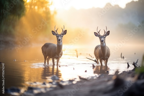 sunrise illuminating waterbucks by river © studioworkstock